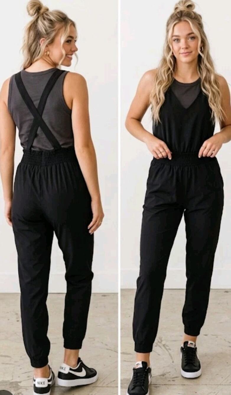 Albion Classic Overall Jumpsuit Womens Sz MP Black Cinch Waist Ankle ZipperMP